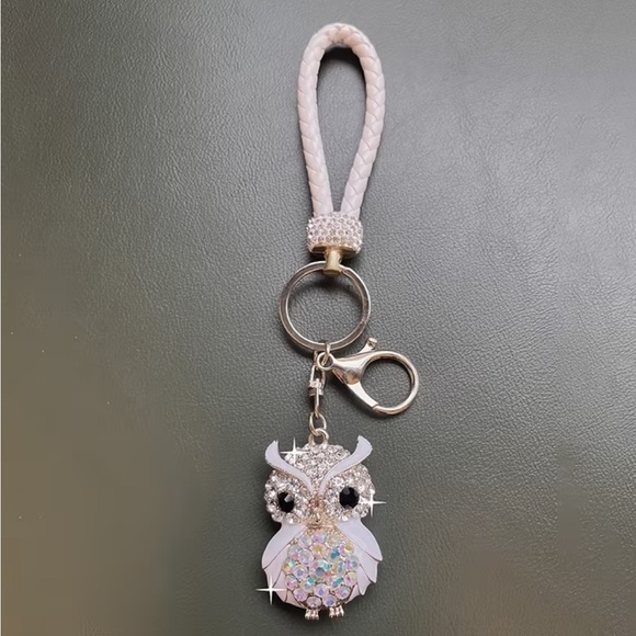 Owl Charm Keychain with Sparkling Rhinestones & White Braided Rope NEW - Picture 2 of 4